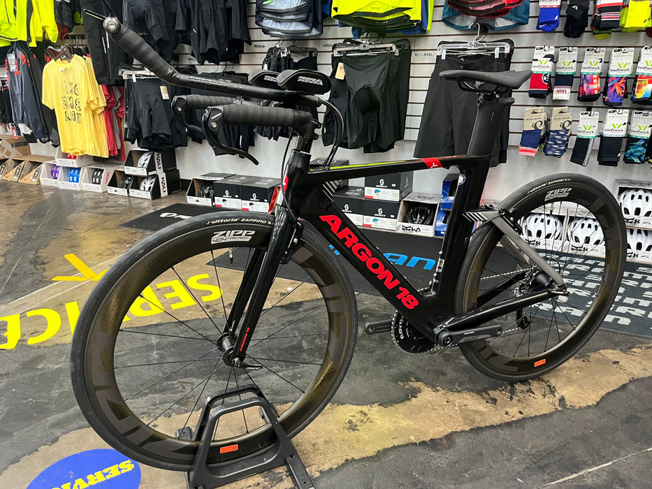 Argon 18 E-117 Tri SRAM Force 22 w/ZIPP 404 Firecrest Wheels - Silver Rabbit Black Gloss